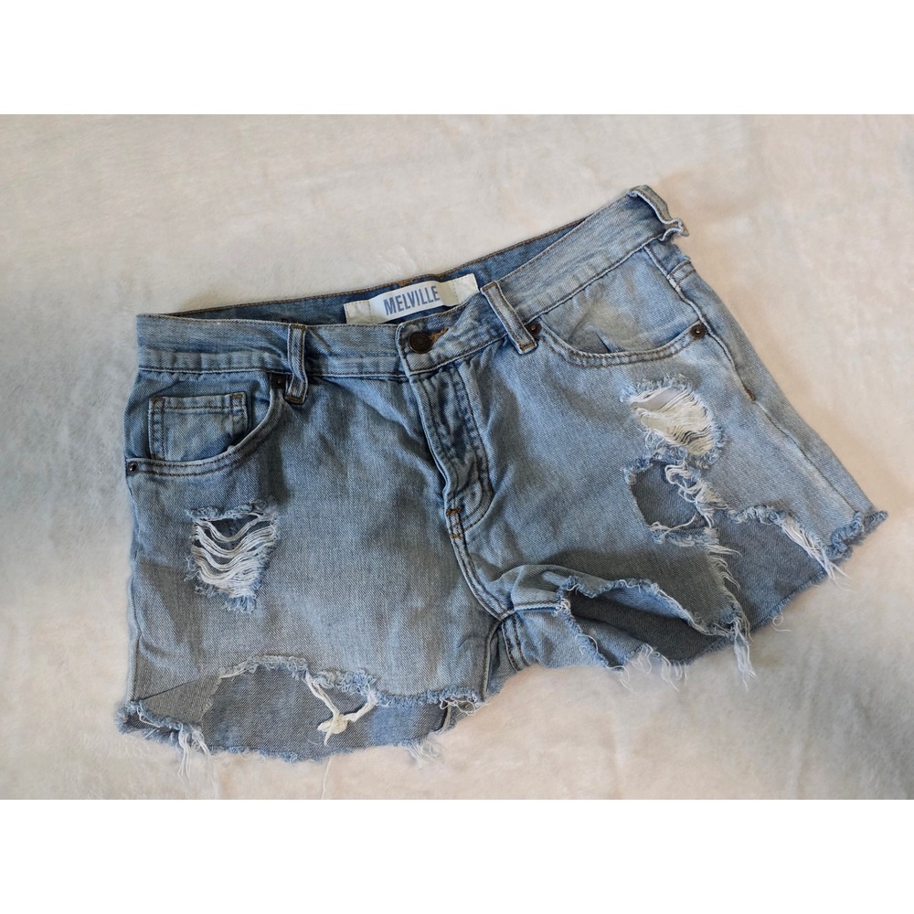 Brandy Melville Women Light Wash Distressed Denim Shorts Size 26 Raw Hem Cotton